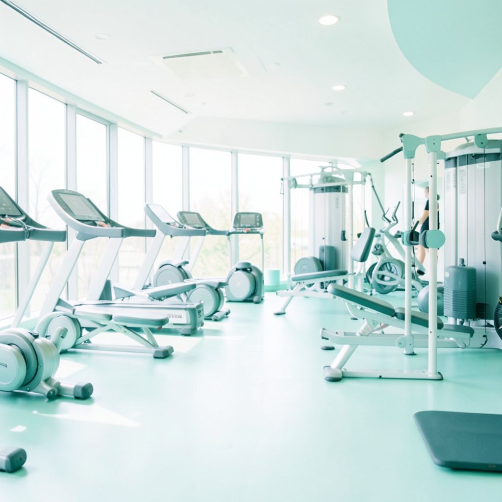 Bright airy high-key photograph of a clean modern gym interior with soft teal accents and natural light spilling across the floor